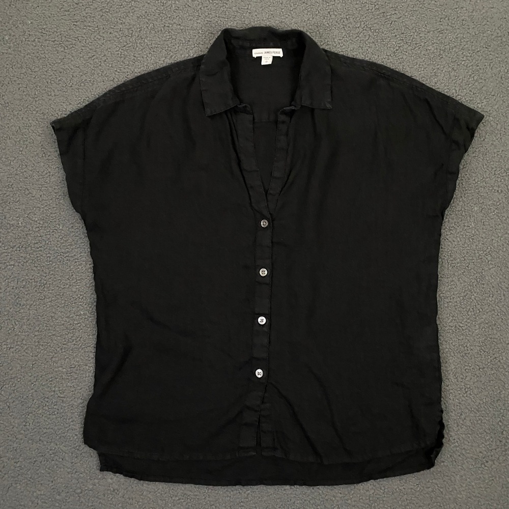 James Perse Button Up Blouse Womens XS, 0 Black Linen Minimal Capsule WLSL3766